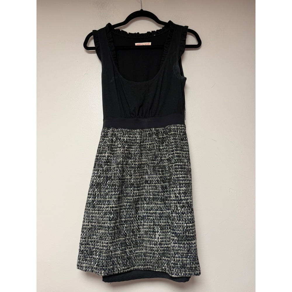 Rebecca‎ Taylor Black Tweed Dress Ruffle Neck Sleeveless A Line Size Small